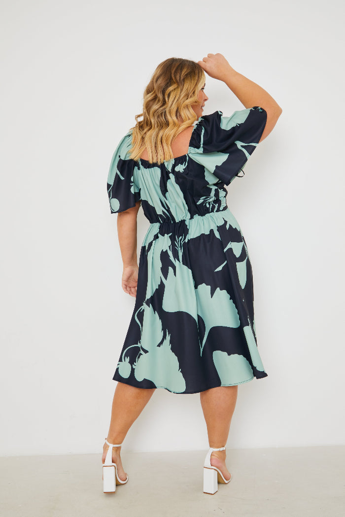 Printed Puff Sleeve Functional Wrap Midi Dress