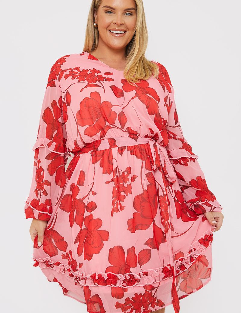 Printed Chiffon Frill Angel Sleeve Mini Dress