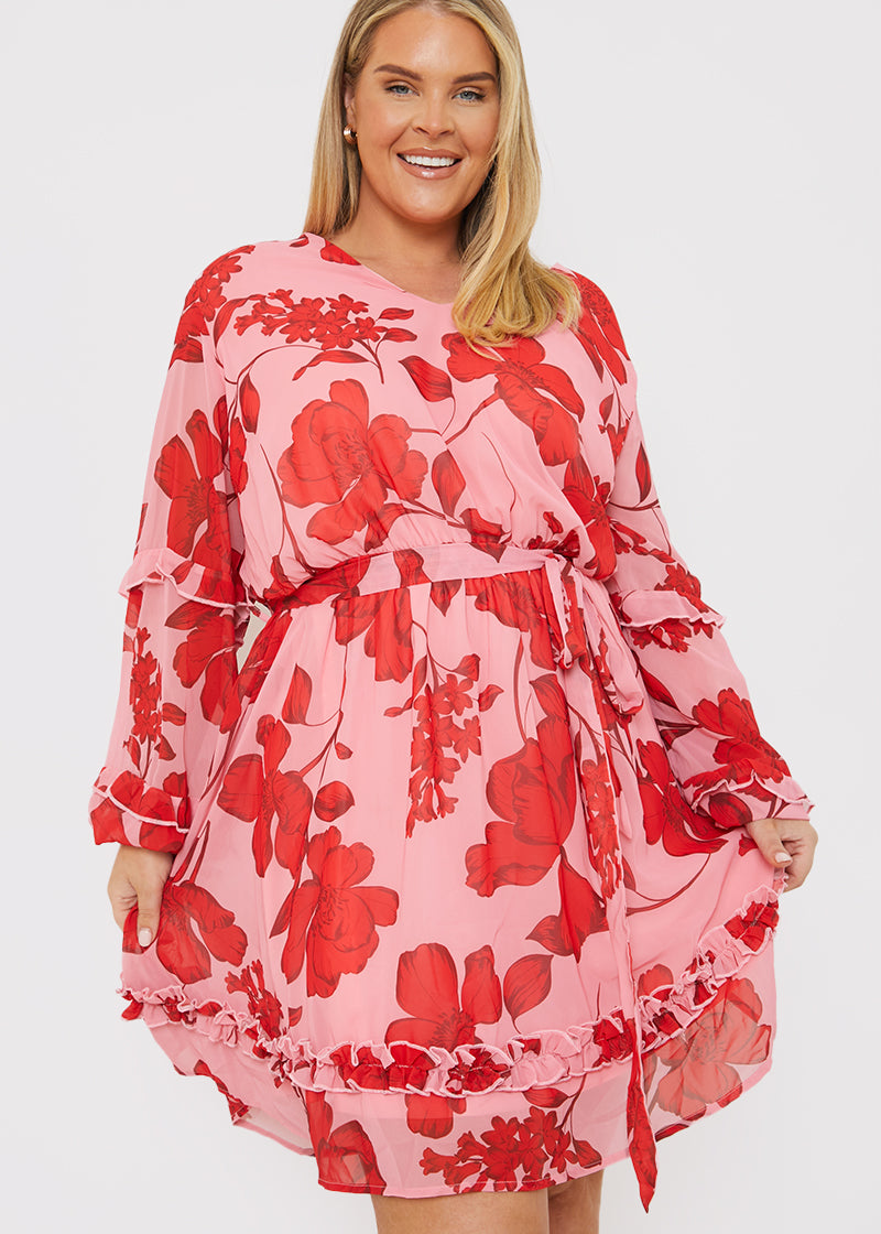 Printed Chiffon Frill Angel Sleeve Mini Dress