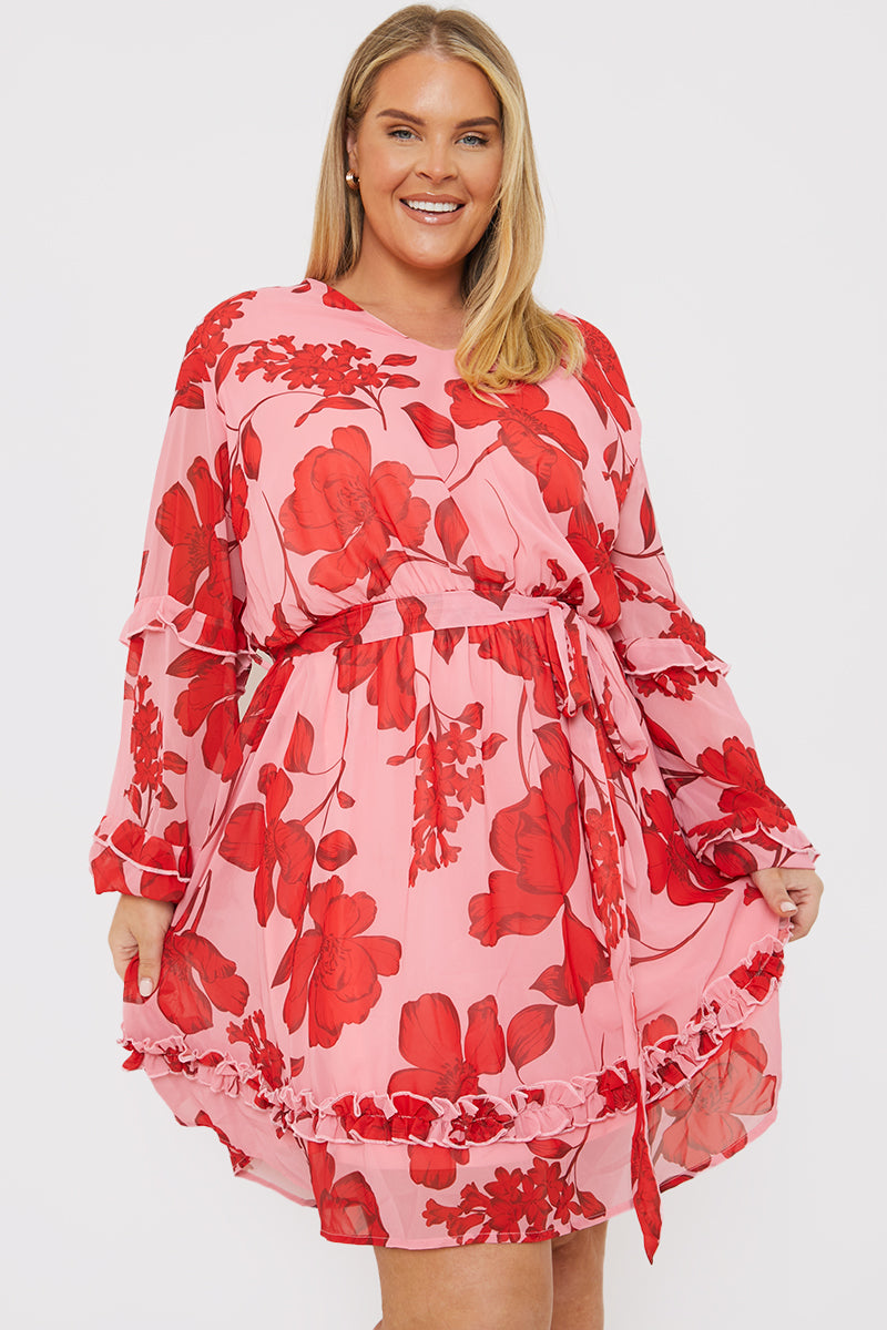 Floral Printed Chiffon Frill Detail Balloon Sleeve Mini Dress – InTheStyle