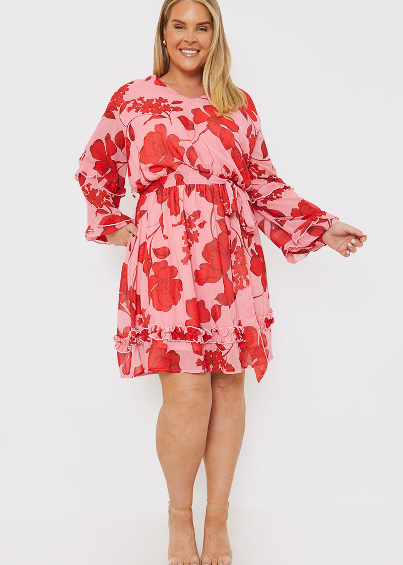Printed Chiffon Frill Angel Sleeve Mini Dress
