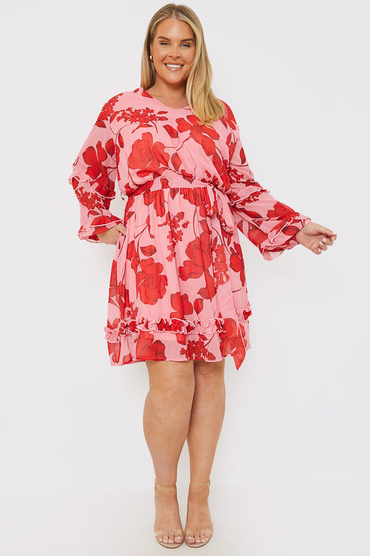 Frill Printed Notched Half Sleeve Mini Dress