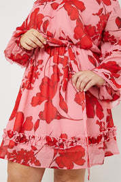 Printed Chiffon Frill Angel Sleeve Mini Dress