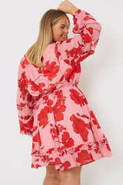 Printed Chiffon Frill Angel Sleeve Mini Dress
