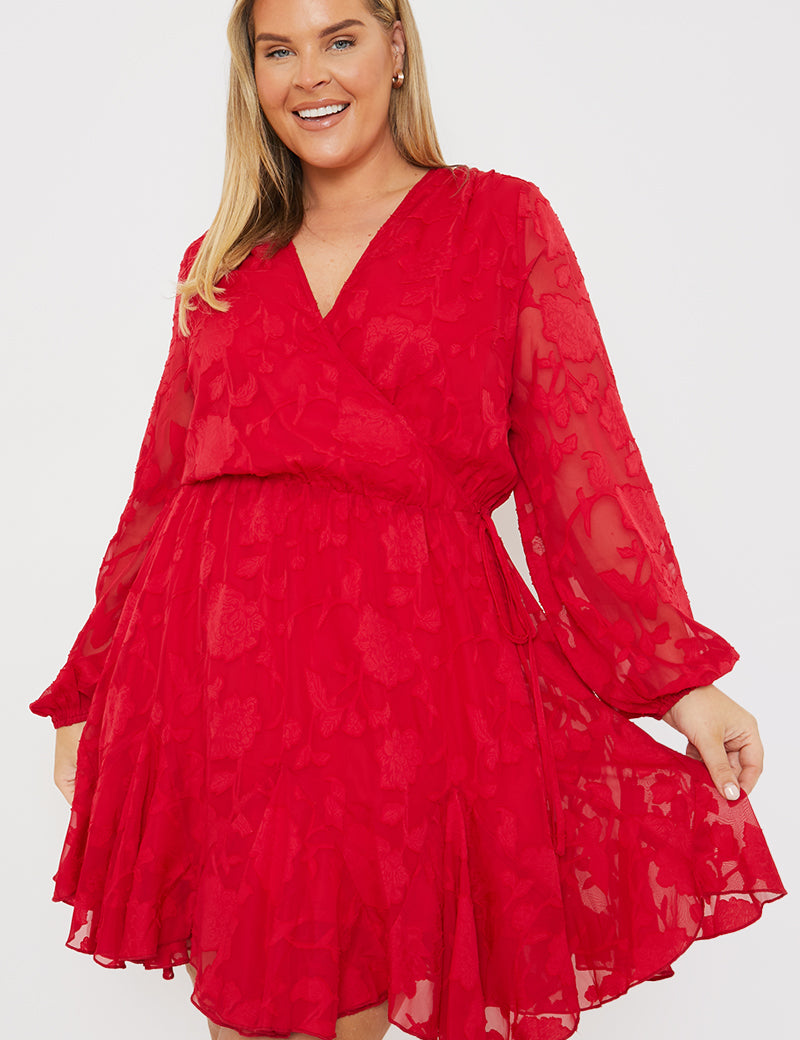Floral Jacquard Wrap Mini Dress With Godet Hem