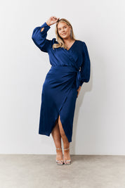Navy Satin Wrap Midi Dress