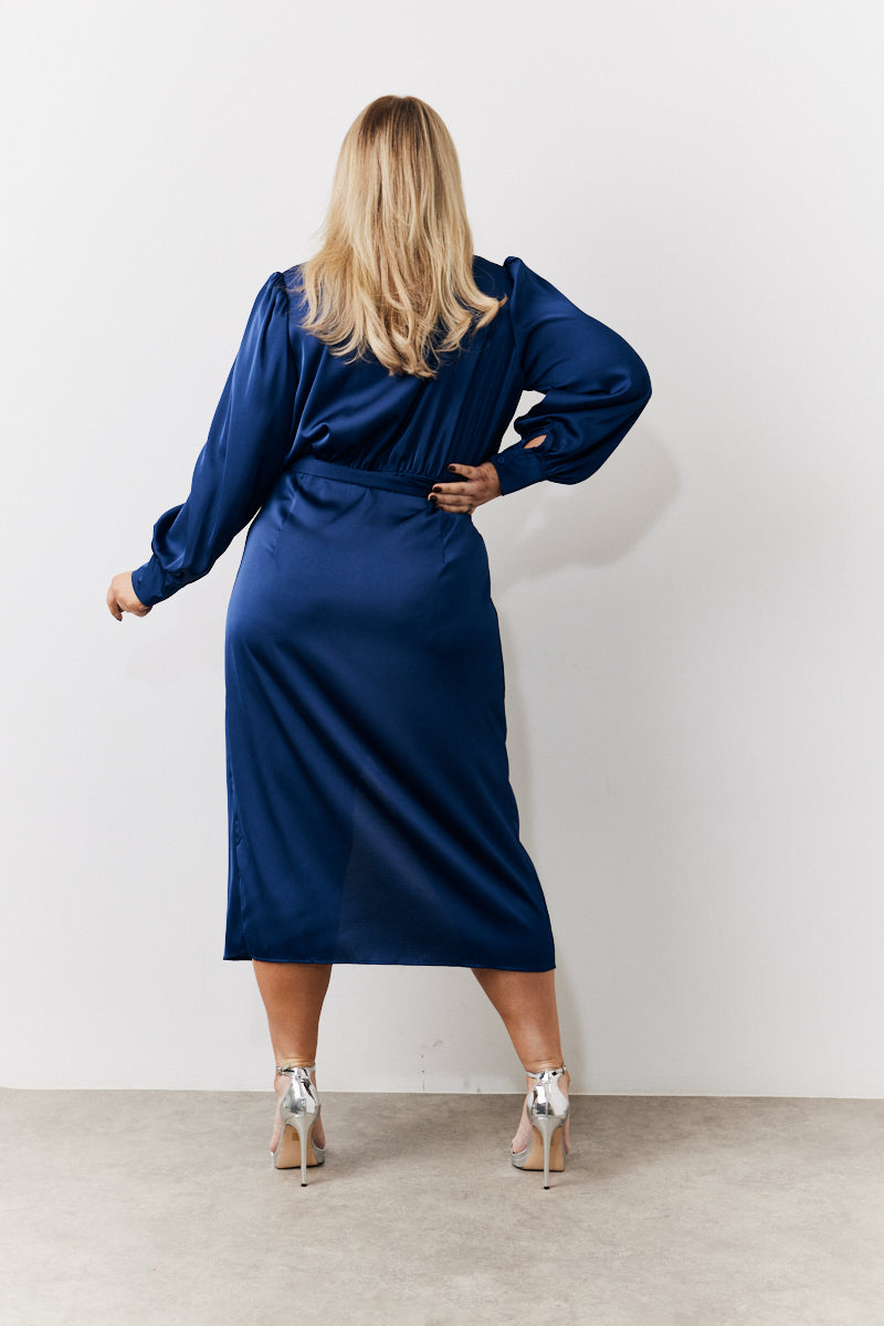 Navy Satin Wrap Midi Dress