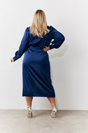 Navy Satin Wrap Midi Dress