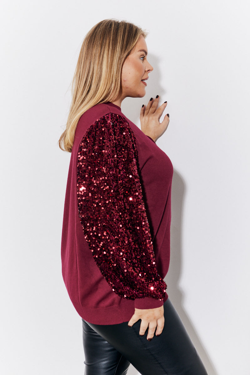 Burgundy Sequin Balloon Sleeve Knit Jumper