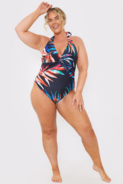 Control Palm Print Twist Front Halter Neck Swimsuit