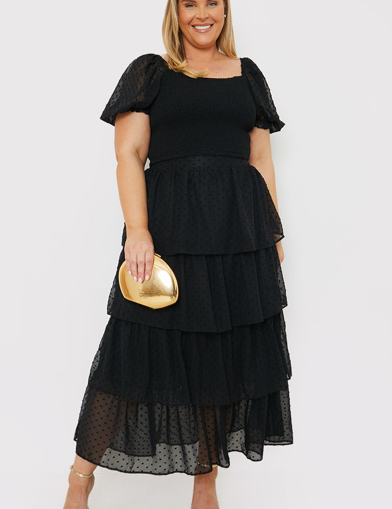 Dobby Shirred Bodice Puff Sleeve Top