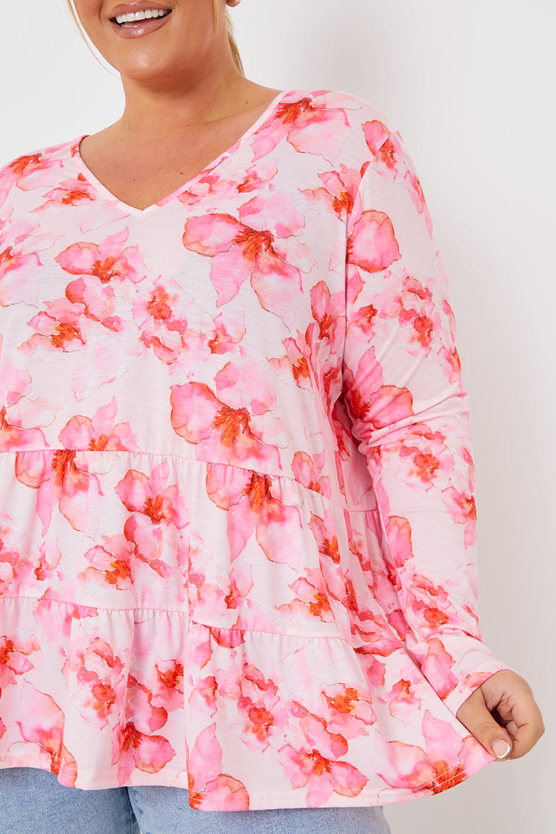 Floral V-Neck Long Sleeve Smock Top