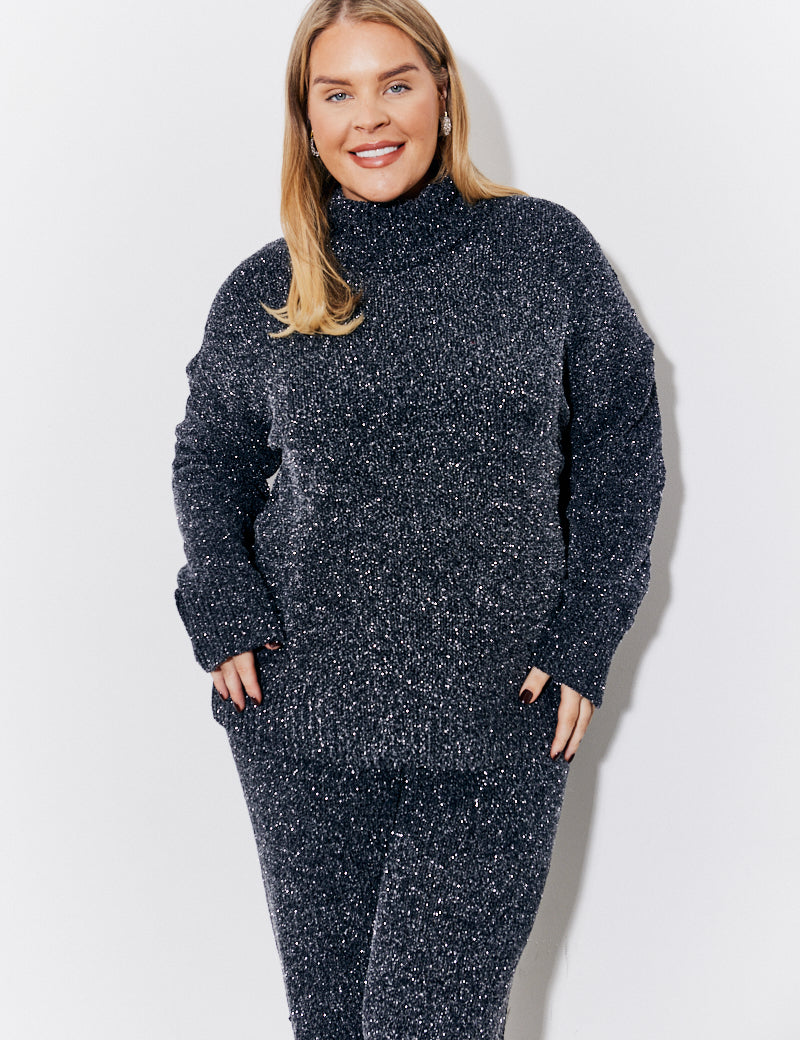 Black Lurex Chenille Roll Neck Co-Ord Jumper