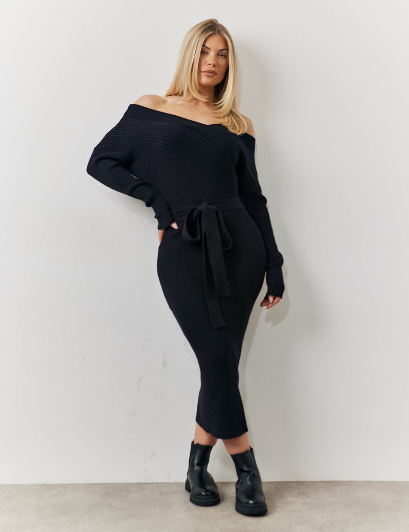 Contrast Rib Wrap Detail Belted Knitted Midaxi Dress	