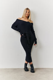 Contrast Rib Wrap Detail Belted Knitted Midaxi Dress	