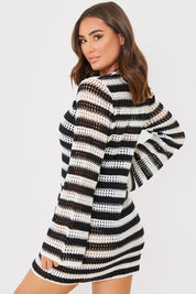 Monochrome Stripe Long Sleeve Crochet Mini Dress