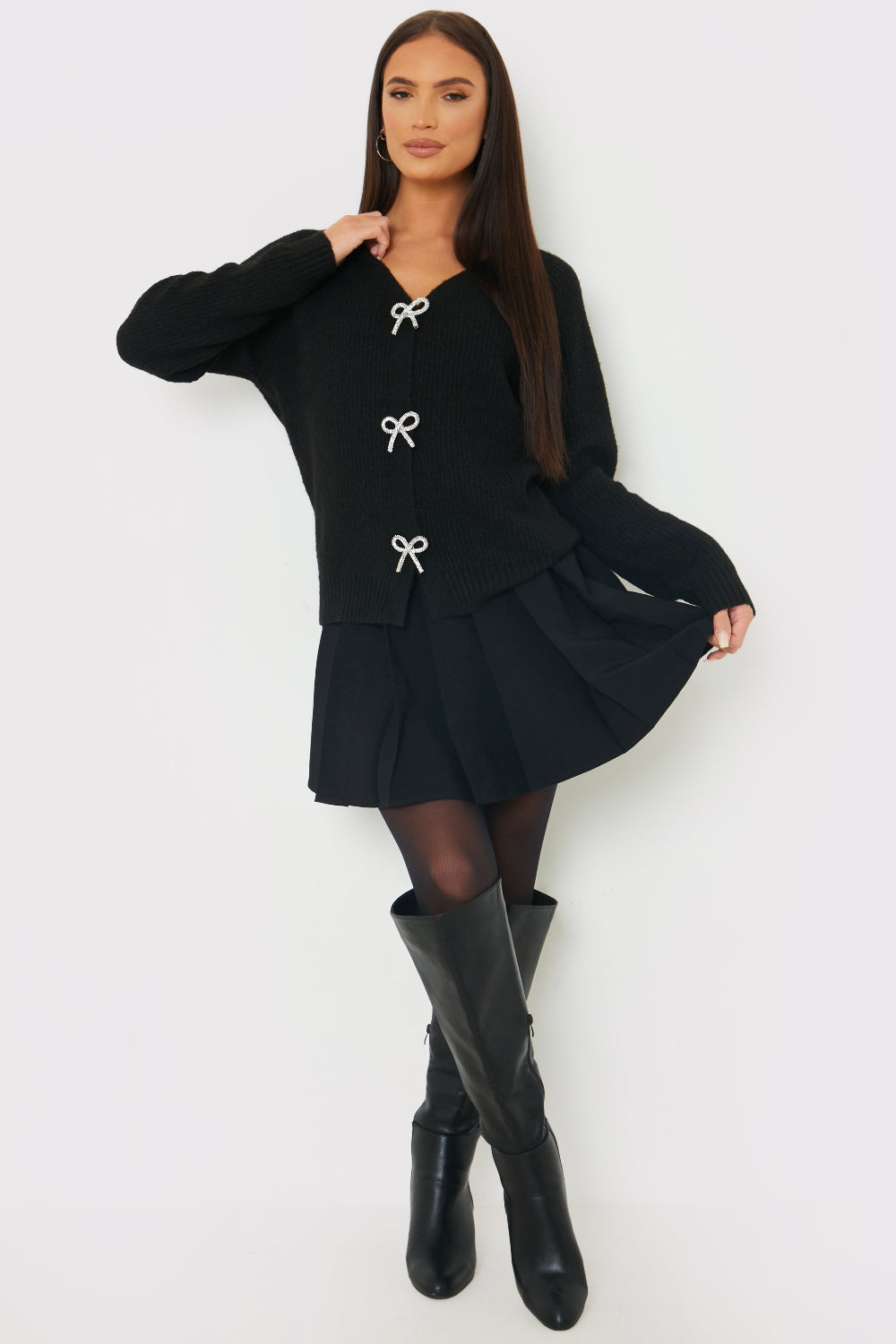 Bow Detail Button Up Knit Cardigan