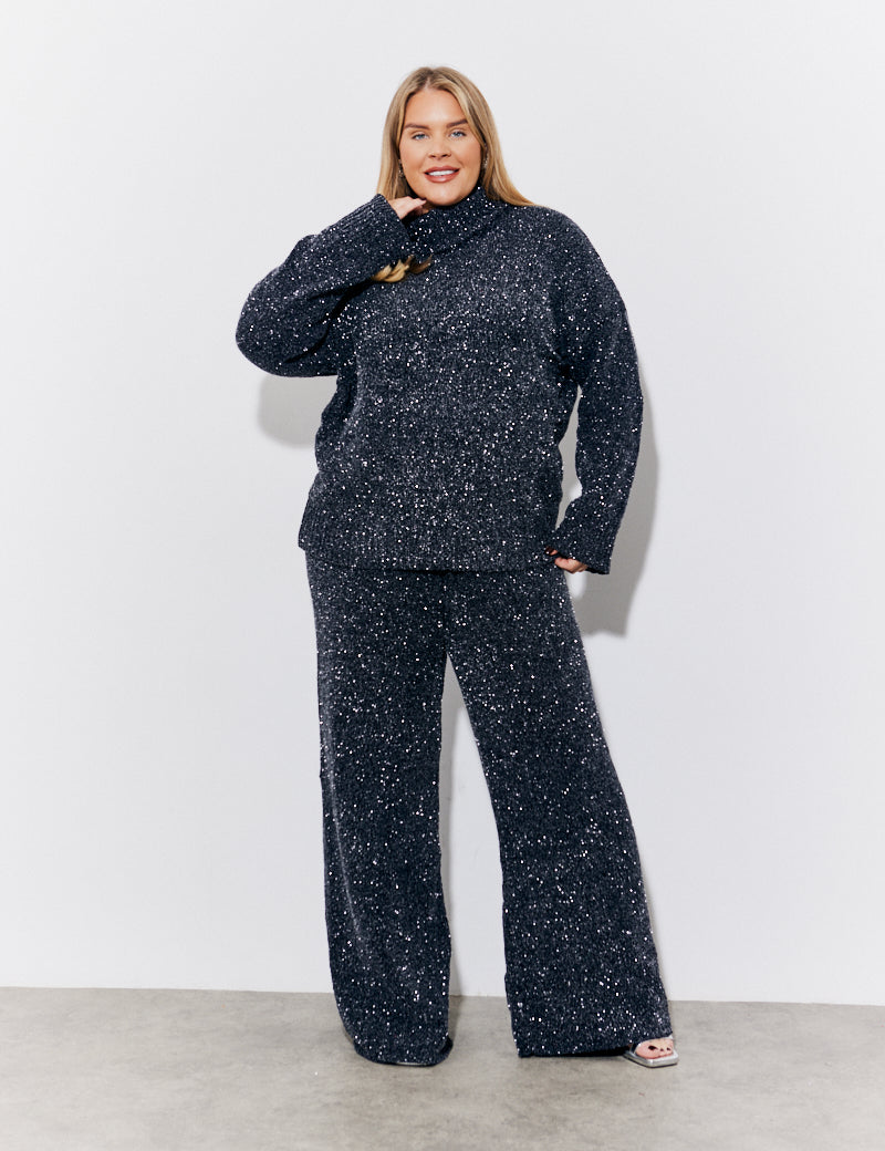Black Lurex Chenille Co-Ord Wide Leg Trouser