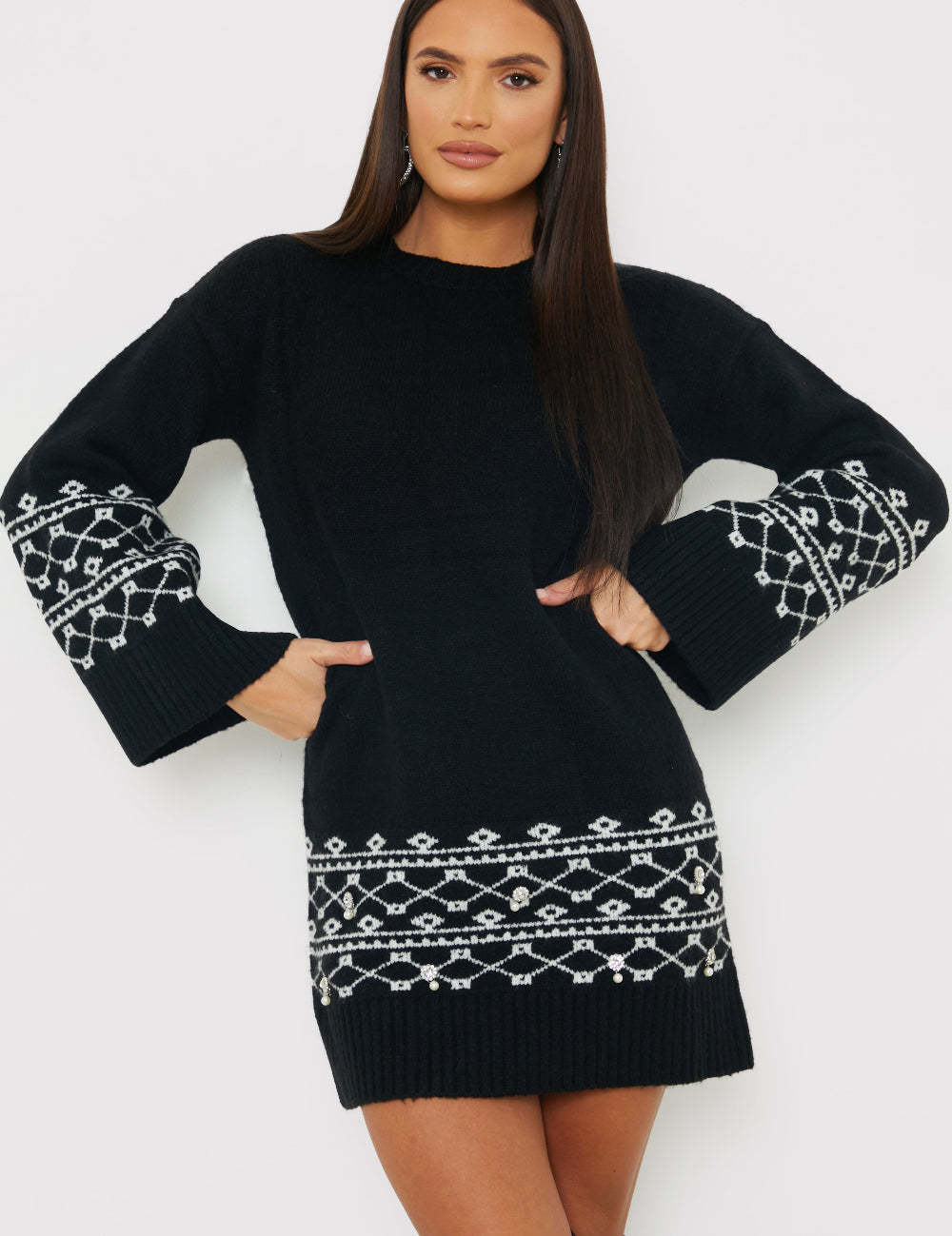 Fairisle Sleeve Detail Knit Mini Dress