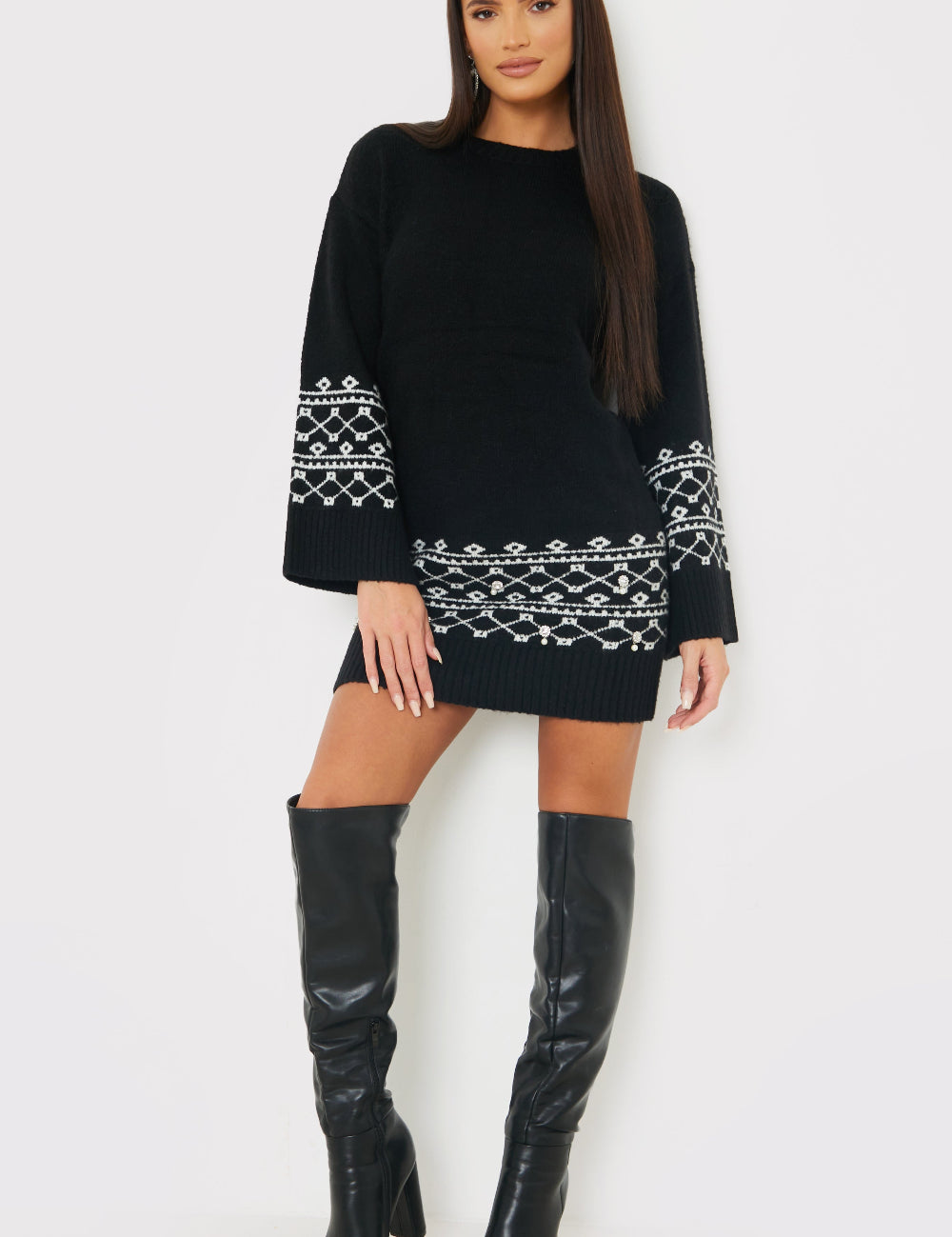 Fairisle Sleeve Detail Knit Mini Dress