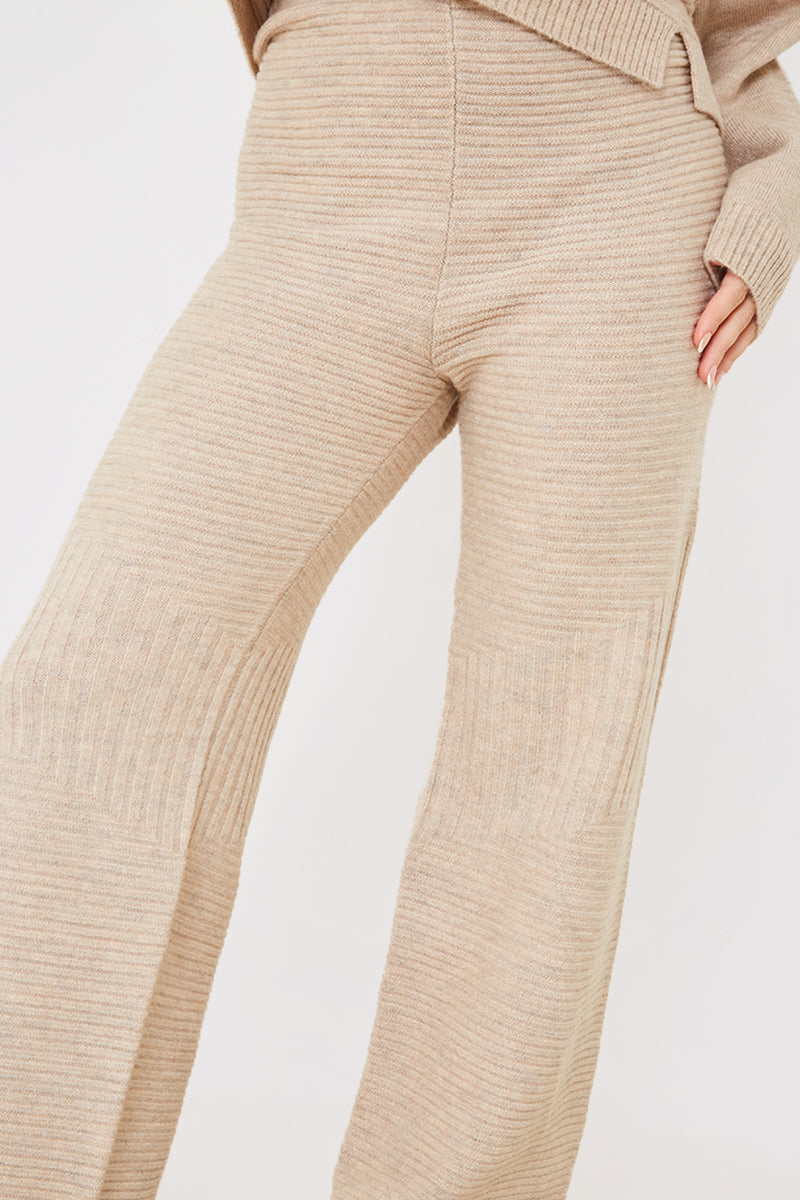 Recycled Contrast Knitted Ribbed Co Ord Wide Leg Trouser