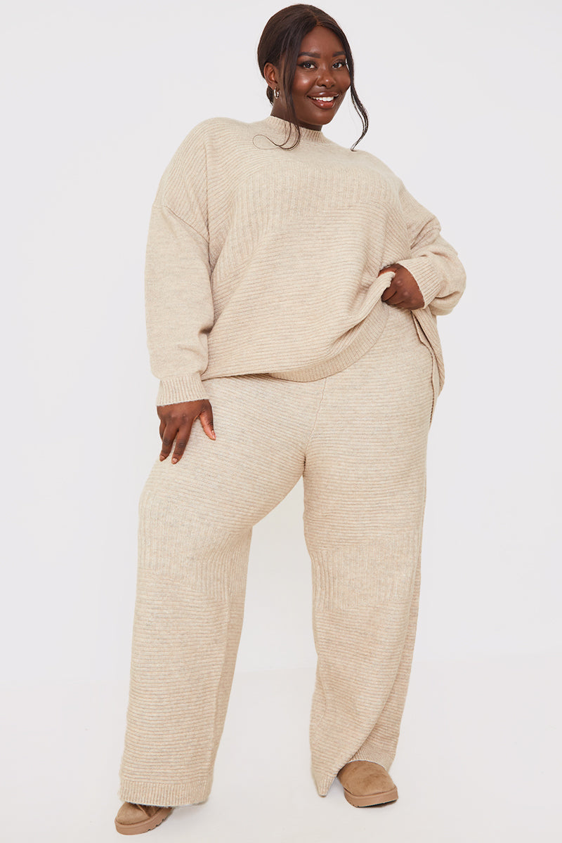 Recycled Contrast Knitted Ribbed Co Ord Wide Leg Trouser