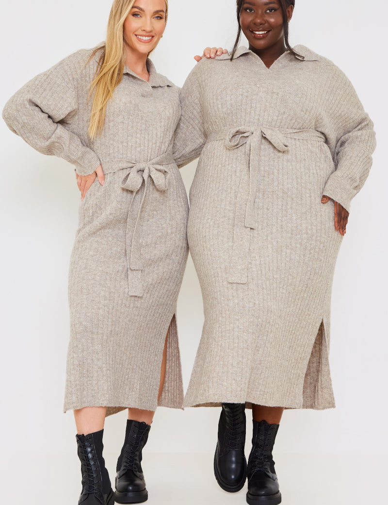 Recycled Belted Collar Knitted Midaxi Dress