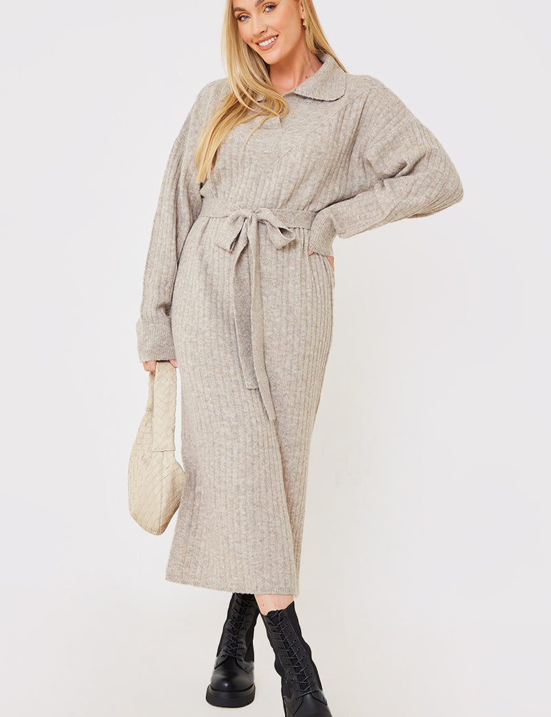 Recycled Belted Collar Knitted Midaxi Dress