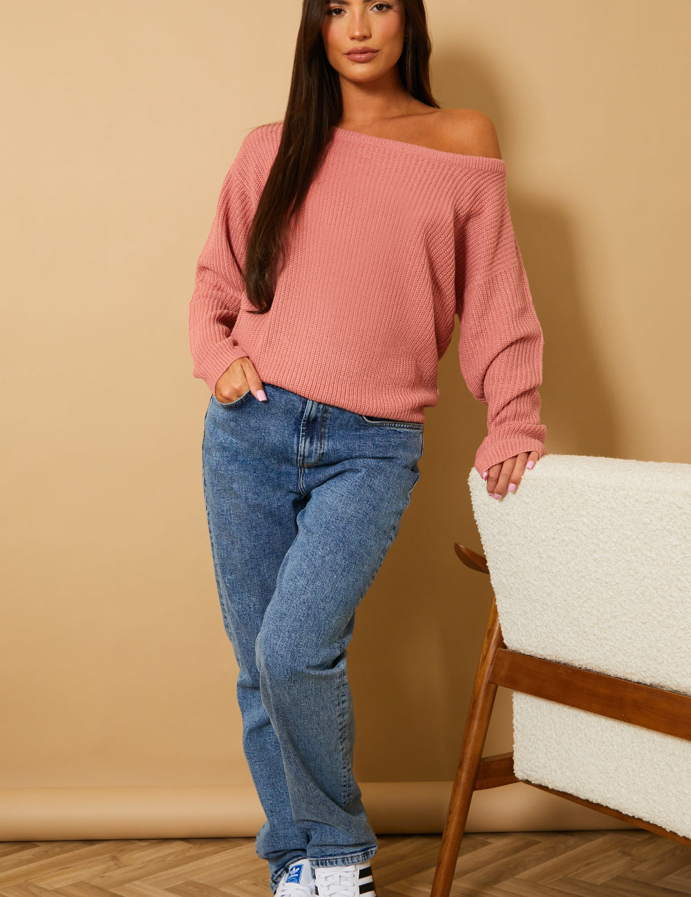 Dusty Off The Shoulder Knitted Jumper
