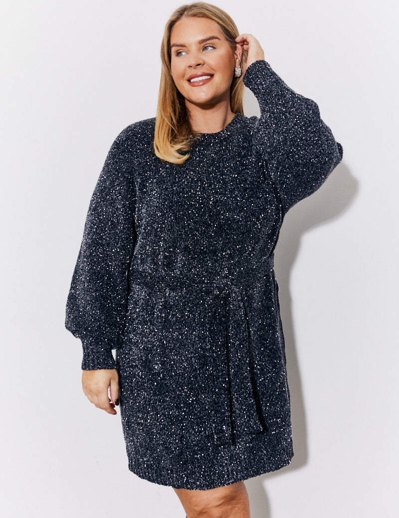 Black Lurex Chenille Belted Jumper Dress