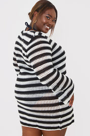 Monochrome Stripe Long Sleeve Crochet Mini Dress