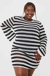 Monochrome Stripe Long Sleeve Crochet Mini Dress