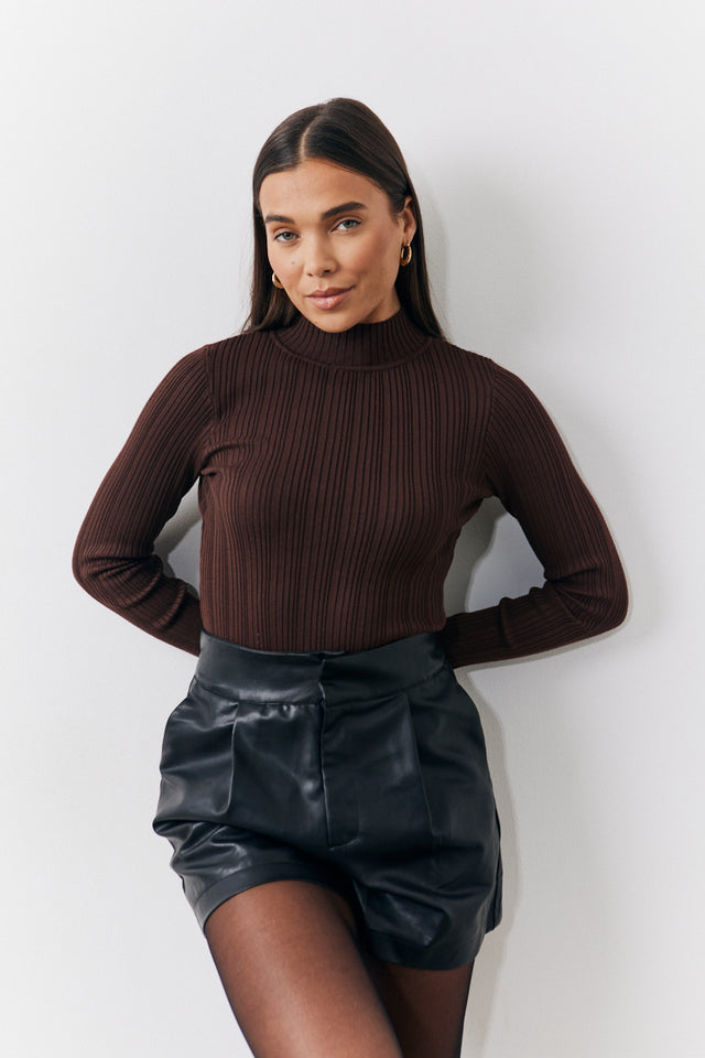 Ruffled high neck rib knit top main image 1