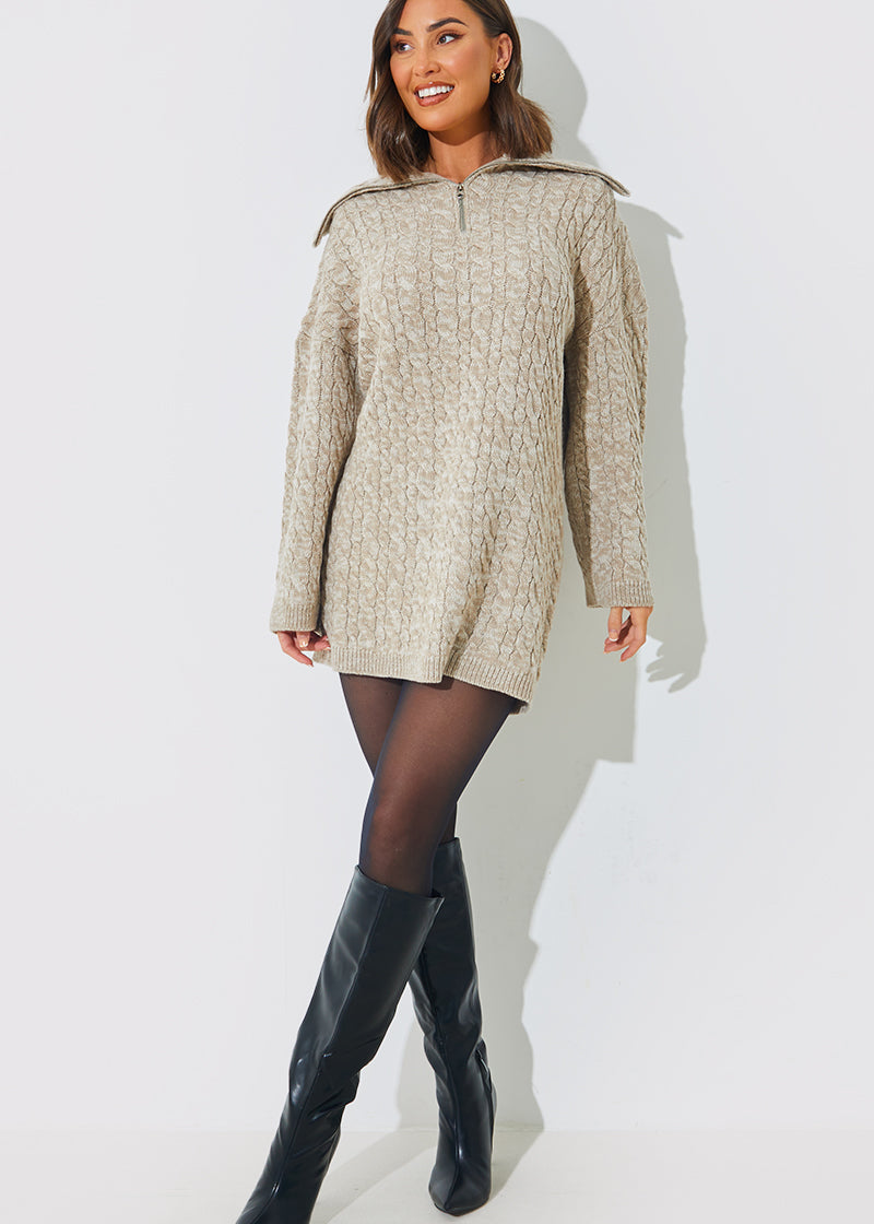 Zip Up Cable Knit Mini Dress