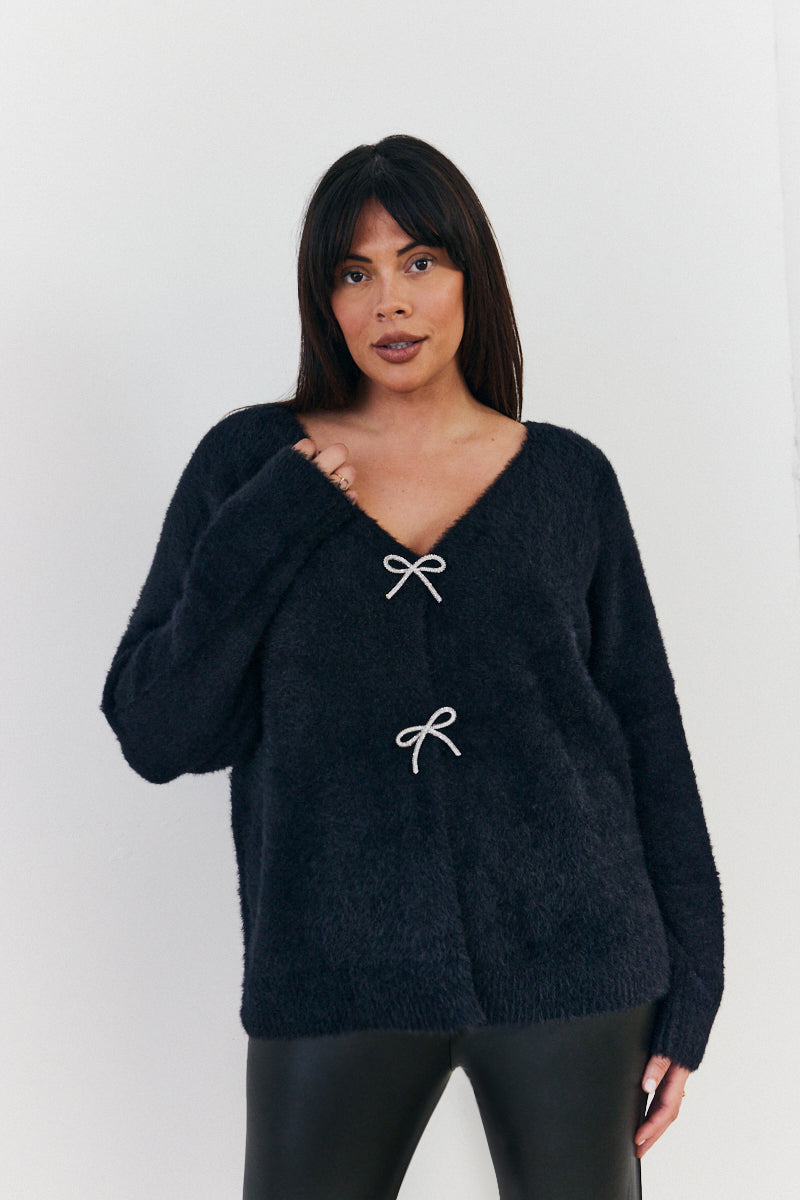 Fluffy Knit Embellished Bow Detail Cardigan