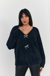 Fluffy Knit Embellished Bow Detail Cardigan