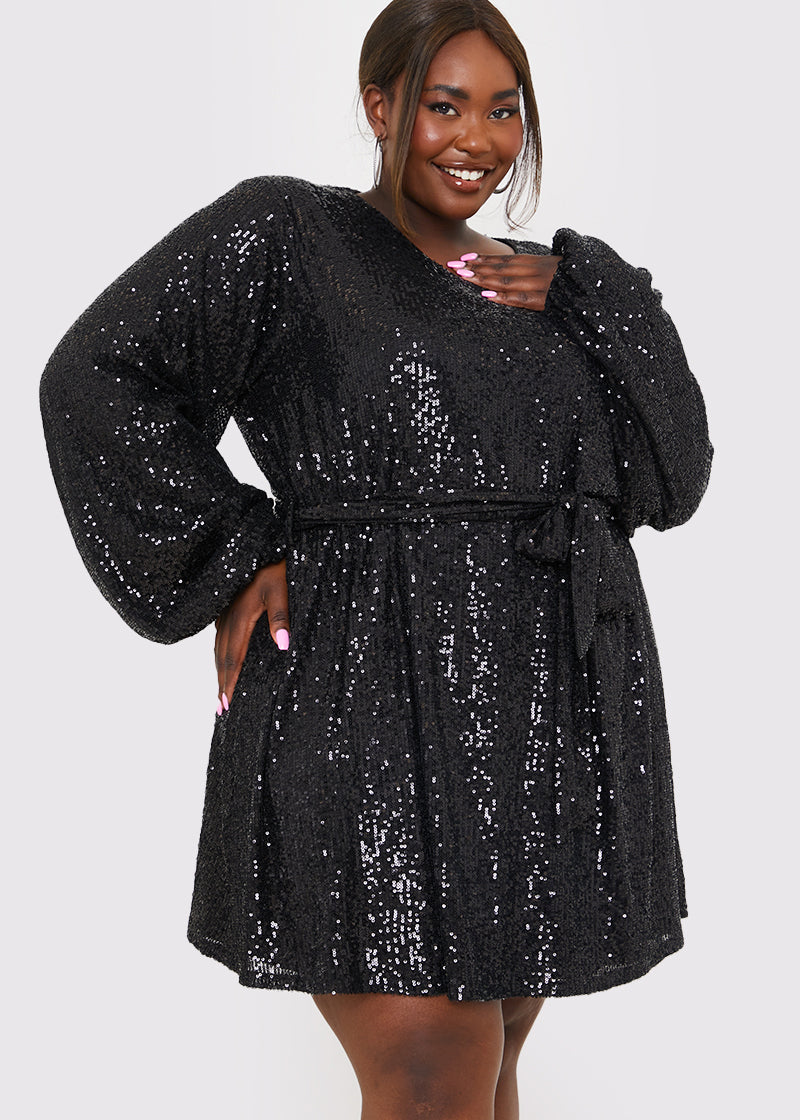 Sequin Belted Balloon Sleeve Mini Dress