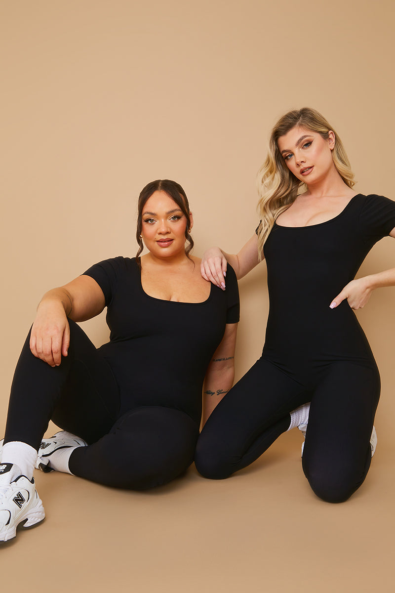 Ribbed Short Sleeve Sculpt and Control Full Length Unitard