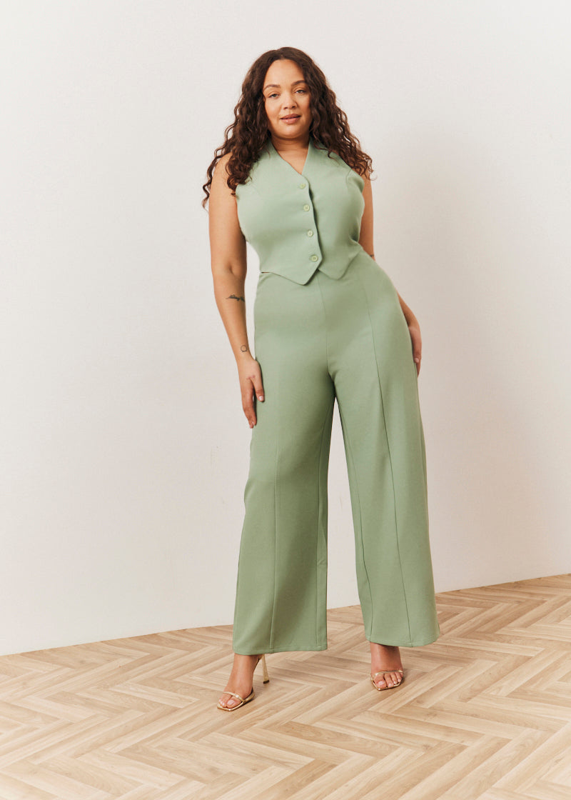 Sage Tailored Halterneck Waistcoat Wide Leg Jumpsuit