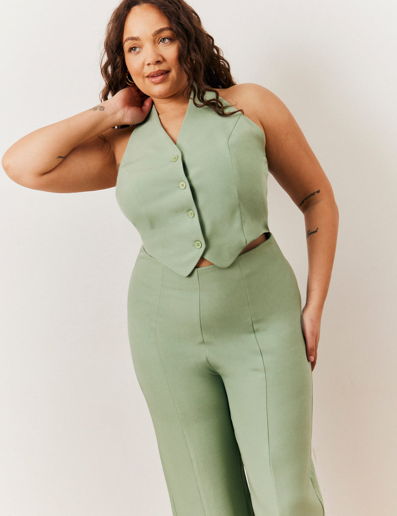 Sage Tailored Halterneck Waistcoat Wide Leg Jumpsuit