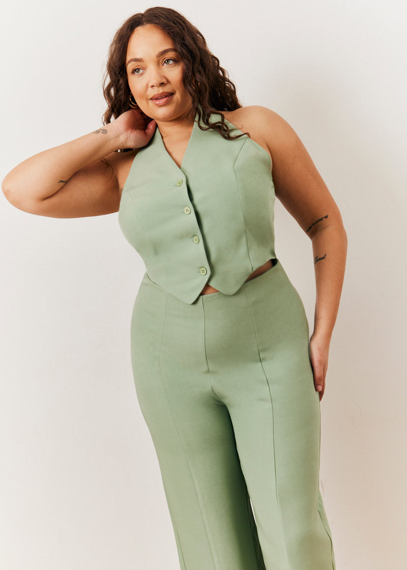 Sage Tailored Halterneck Waistcoat Wide Leg Jumpsuit