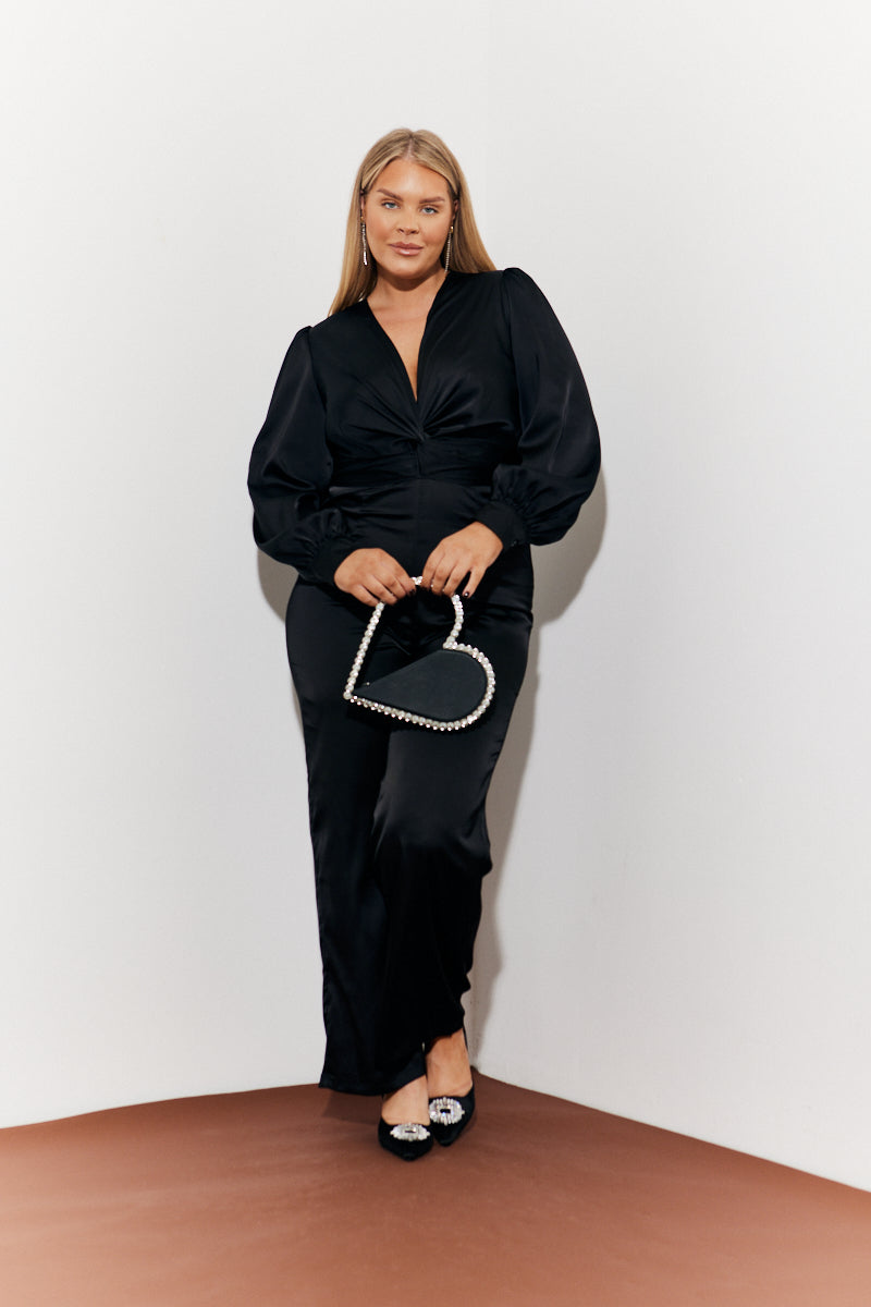 Twist Front Detail Wide Leg Satin Jumpsuit