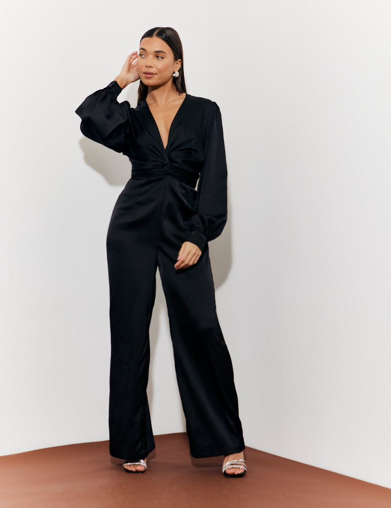 Twist Front Detail Wide Leg Satin Jumpsuit