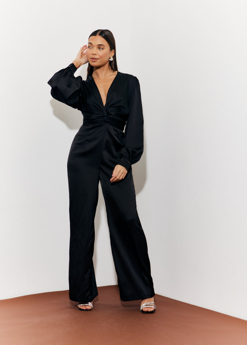 Twist Front Detail Wide Leg Satin Jumpsuit
