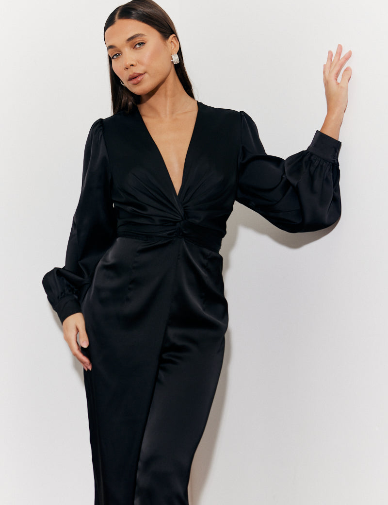 Twist Front Detail Wide Leg Satin Jumpsuit
