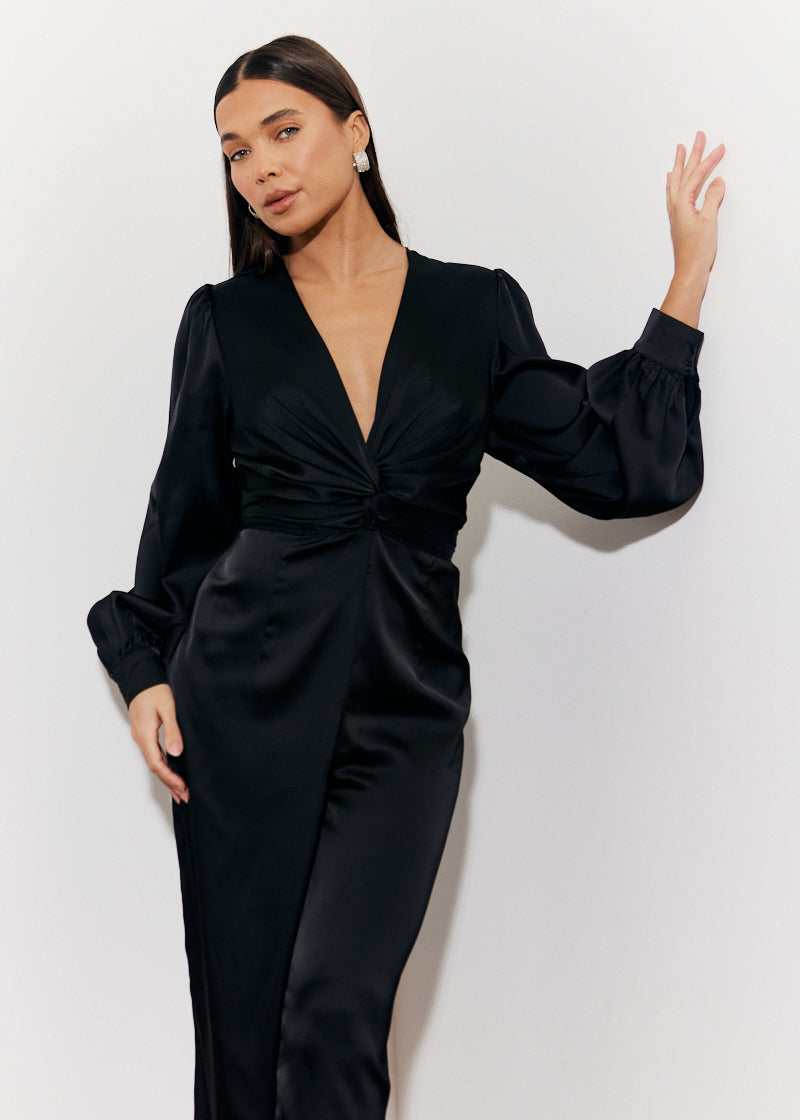 Twist Front Detail Wide Leg Satin Jumpsuit