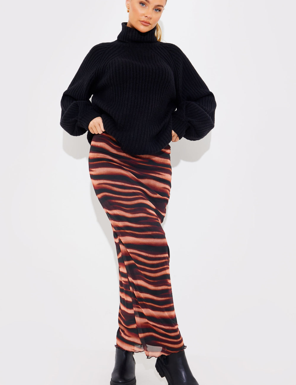 PRINTED MESH MIDAXI SKIRT 