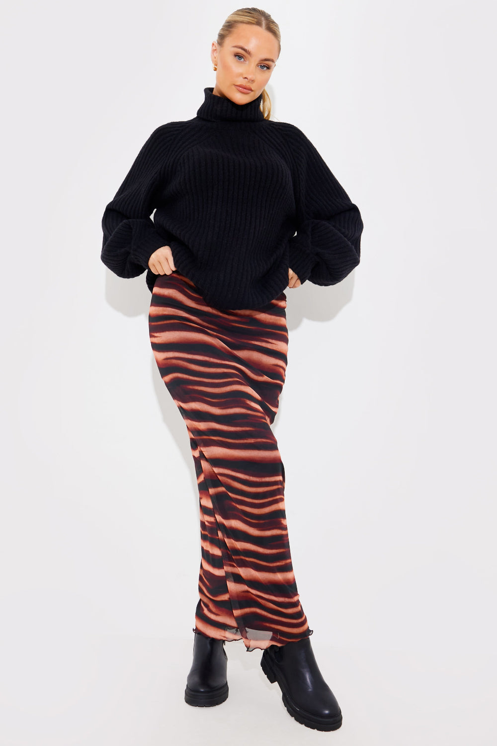 PRINTED MESH MIDAXI SKIRT 
