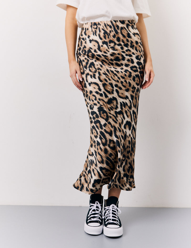 Brown Leopard Print Satin Midaxi Skirt