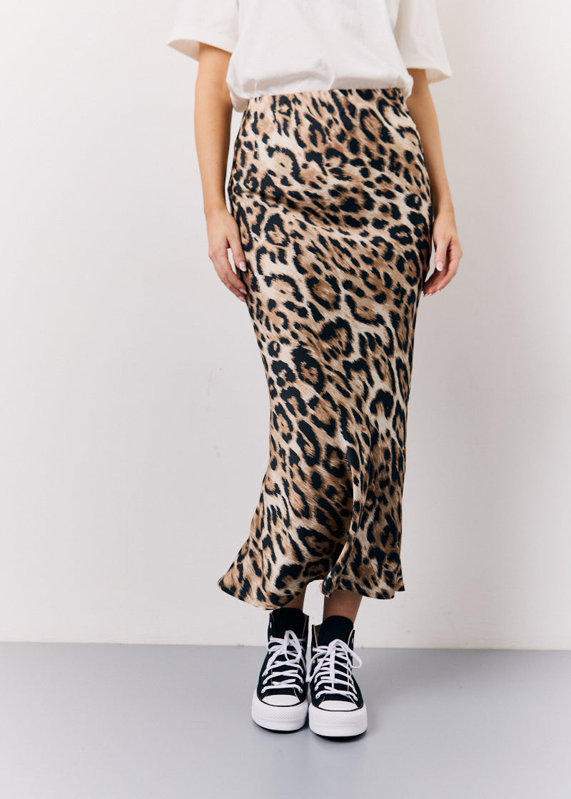 Brown Leopard Print Satin Midaxi Skirt